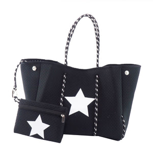 Black with White Star Neoprene Tote