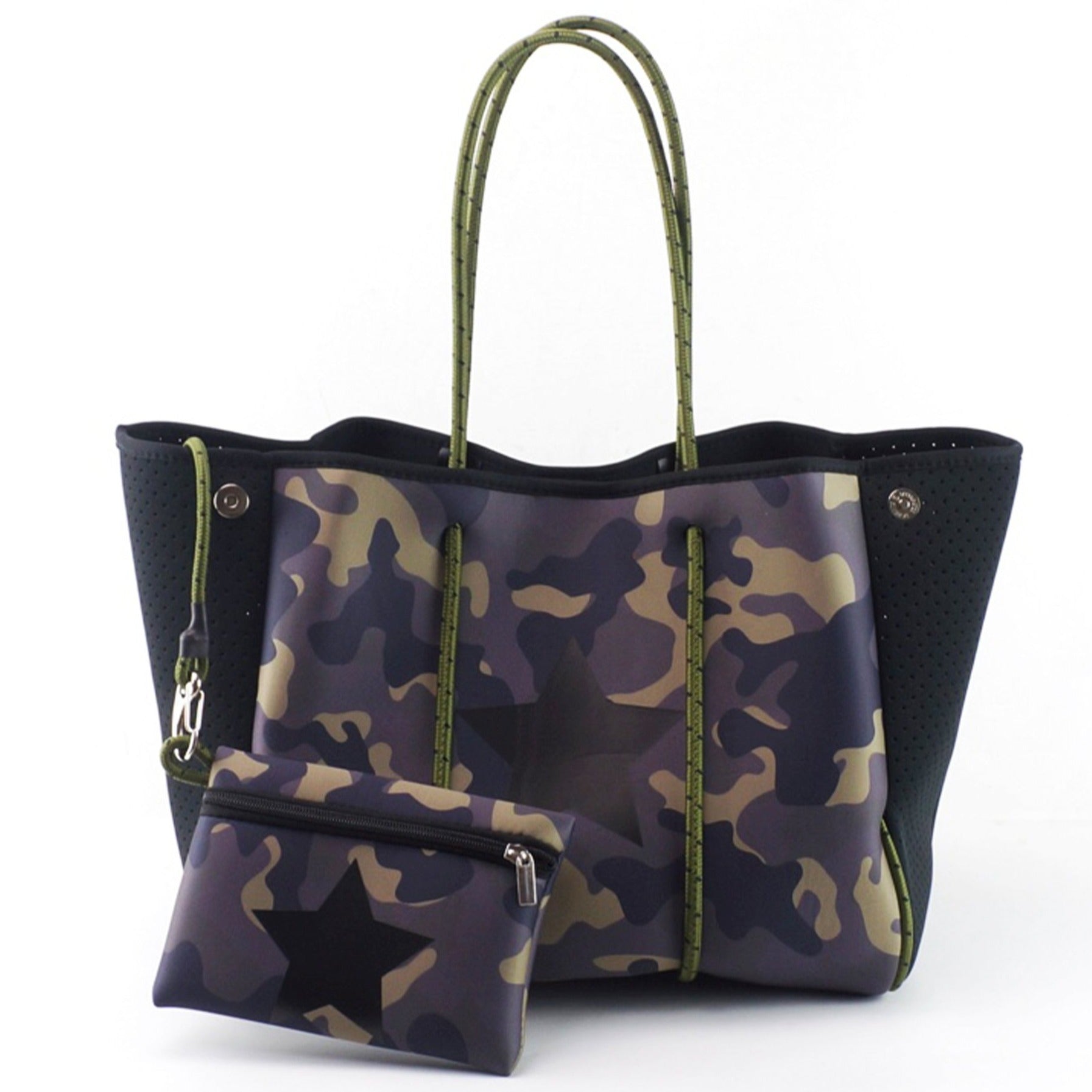 Green Camo Star Neoprene Tote