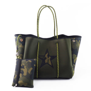 Green with Camo Star Neoprene Tote